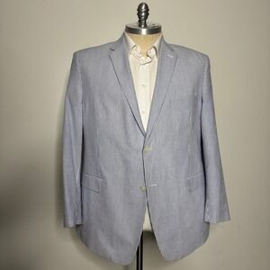 Saddlebred Seersucker Blazer Blue White Stripe 48R Cotton Poly Blend Sport‎ Coat